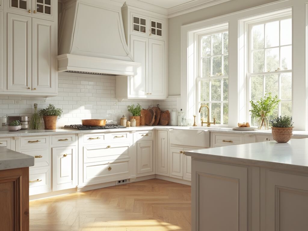 "Luxurious traditional kitchen with white inset cabinets, marble countertops, oak herringbone flooring, and vintage copper cookware under soft natural morning light"