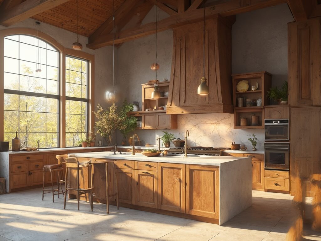 "Modern rustic kitchen with alder wood cabinets, stainless steel appliances, gray quartzite island, and cathedral ceiling with exposed beams"