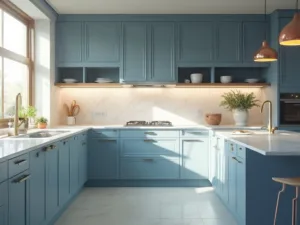 "Contemporary IKEA kitchen with AXSTAD matte blue cabinets, quartz countertops and minimalist designs illuminated by natural sunlight."