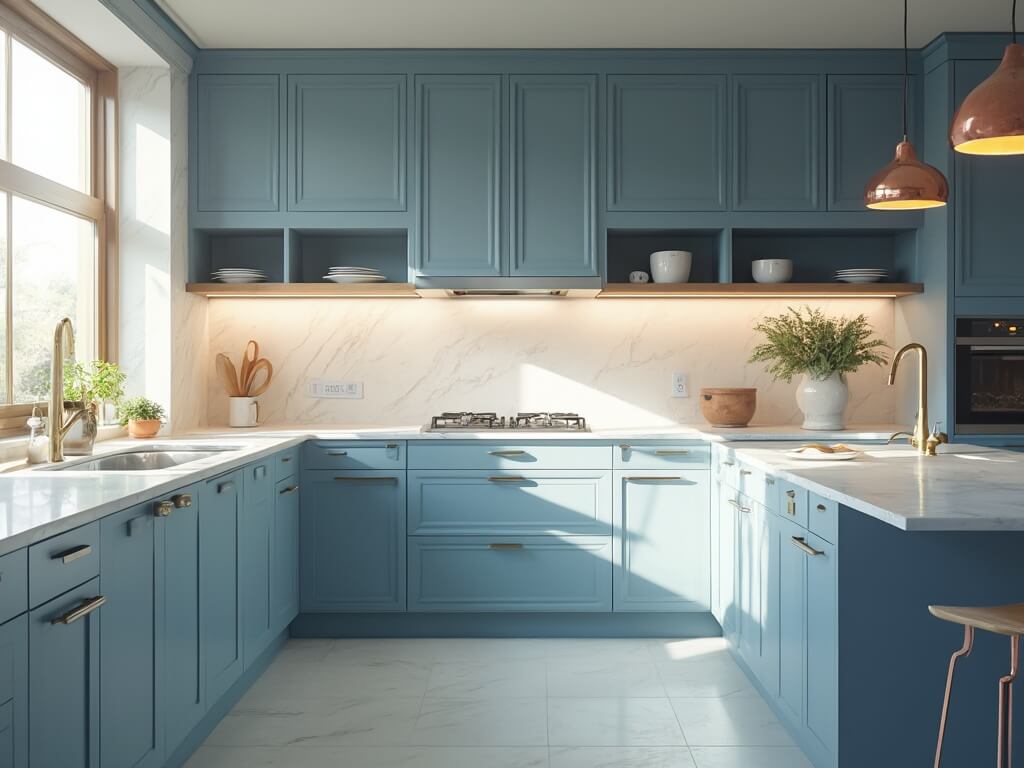"Contemporary IKEA kitchen with AXSTAD matte blue cabinets, quartz countertops and minimalist designs illuminated by natural sunlight."