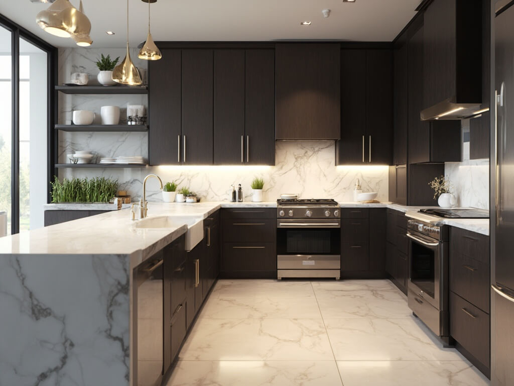 "Modern luxury kitchen with espresso-colored cabinets, white quartz island, professional appliances, Carrara marble countertops, and gold accents"