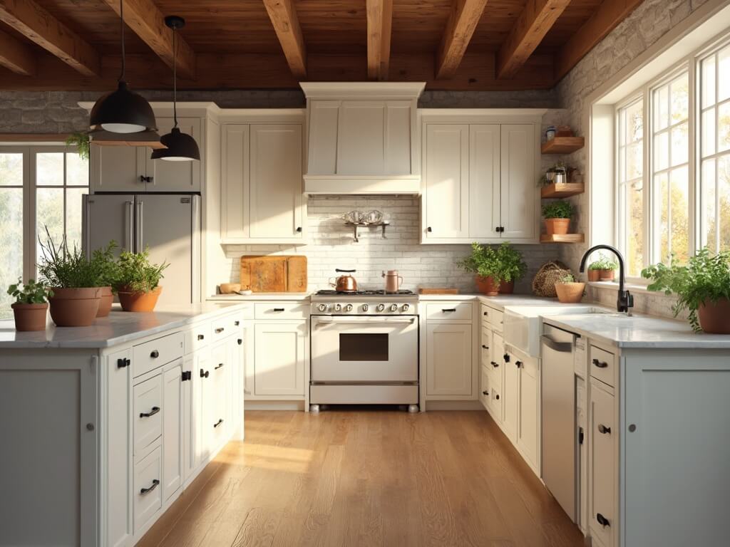"Sunlit modern farmhouse kitchen with white oak cabinets, marble island, and industrial pendant lights"