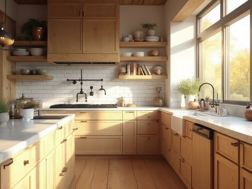 "Modern farmhouse kitchen with oak cabinets, Carrara marble countertops, and natural light streaming in during golden hour"
