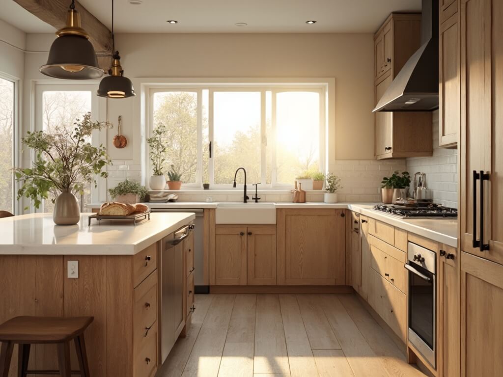 "Modern farmhouse kitchen with light brown cabinets, white quartz countertops, an oak island, during golden hour; featuring black hardware, subway tile backsplash, oak flooring, copper cookware, and fresh flowers."