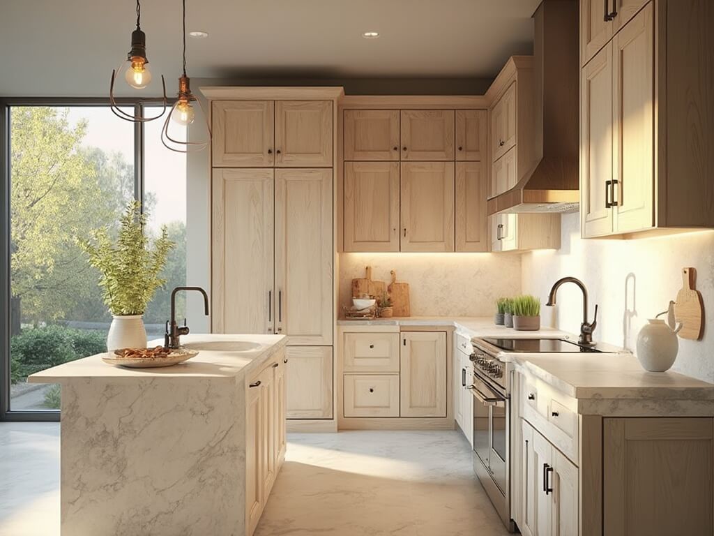 "Spacious modern farmhouse kitchen with natural white oak cabinets, marble waterfall island, and vintage copper pendant lighting"