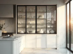 "Modern luxurious kitchen with glass-front cabinets displaying white porcelain dishware, with marble countertops and natural light"