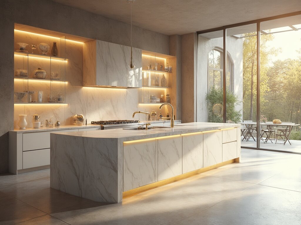 "Modern kitchen with floor-to-ceiling glass cabinets, pearl white quartz waterfall island and golden sunlight streaming in through tall windows"
