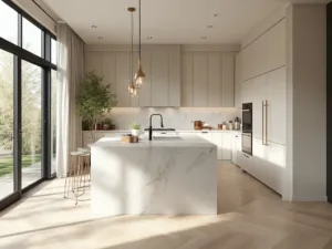 "Modern greige kitchen interior with white quartz island, white oak flooring, and marble backsplash, bathed in natural light"