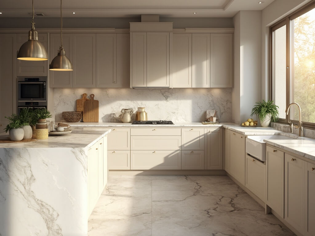 "Modern greige kitchen with shaker-style cabinets, Calacatta marble island, brass pendant lights, and floor-to-ceiling windows bathed in soft morning light"