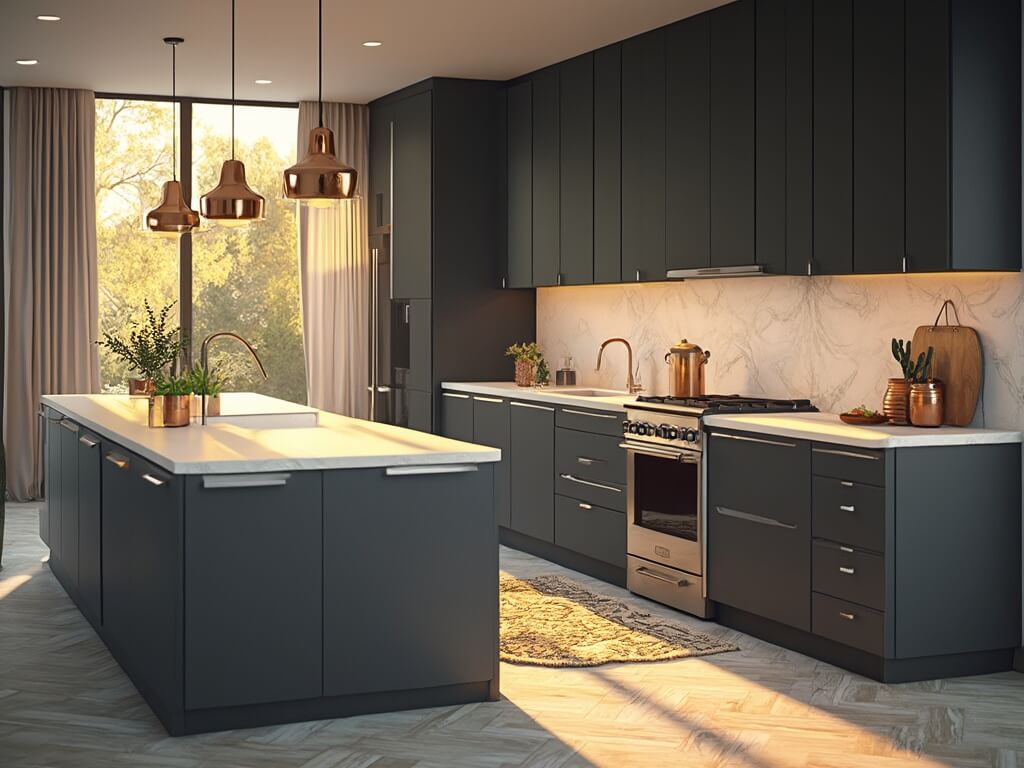 "Luxurious modern kitchen with dark grey shaker cabinets and white quartz waterfall island in golden hour sunlight"