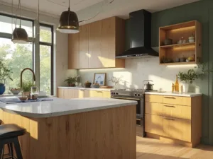 "Modern kitchen with honey oak cabinets, white quartz countertops, sage green walls, and navy blue accents, bathed in morning sunlight"