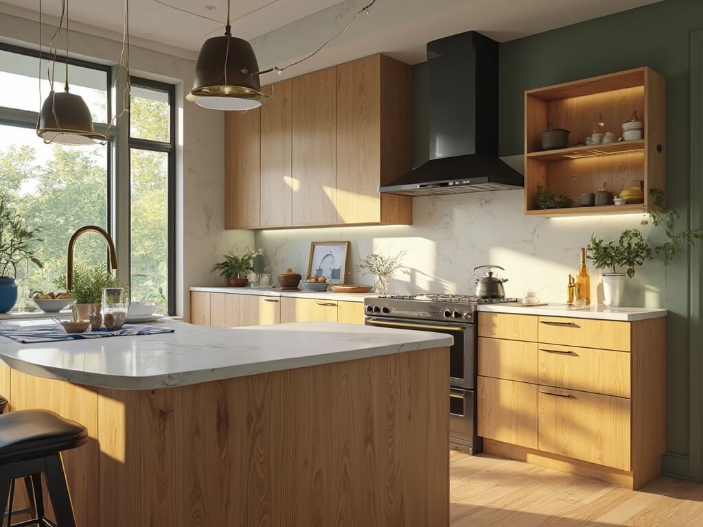 "Modern kitchen with honey oak cabinets, white quartz countertops, sage green walls, and navy blue accents, bathed in morning sunlight"