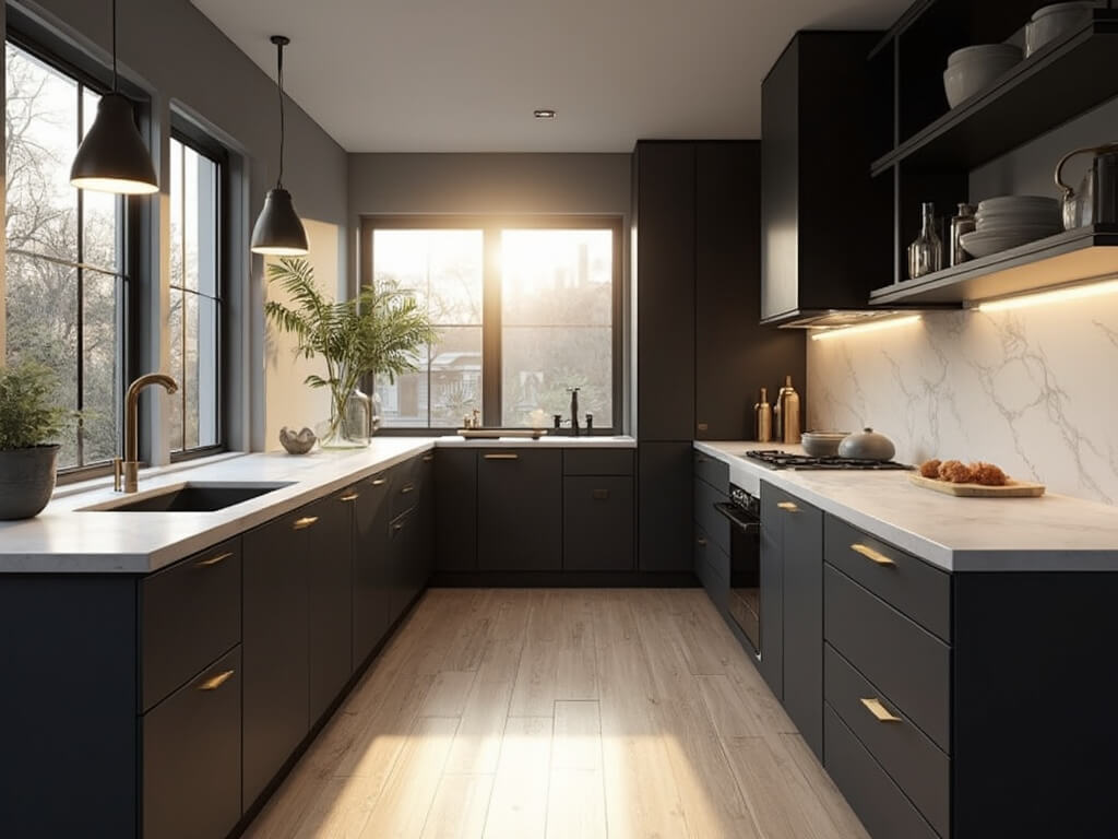 "Modern kitchen interior with Iron Ore cabinets, white quartz countertops, and brass hardware, lit by natural light and under-cabinet lighting"