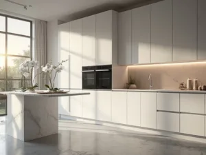 "Modern, luxurious kitchen interior with handleless white cabinets, quartz island, integrated smart appliances, and floor-to-ceiling windows during morning golden hour."
