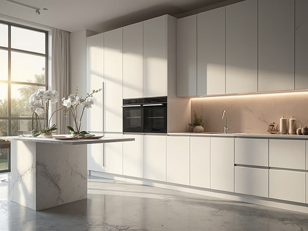 "Modern, luxurious kitchen interior with handleless white cabinets, quartz island, integrated smart appliances, and floor-to-ceiling windows during morning golden hour."