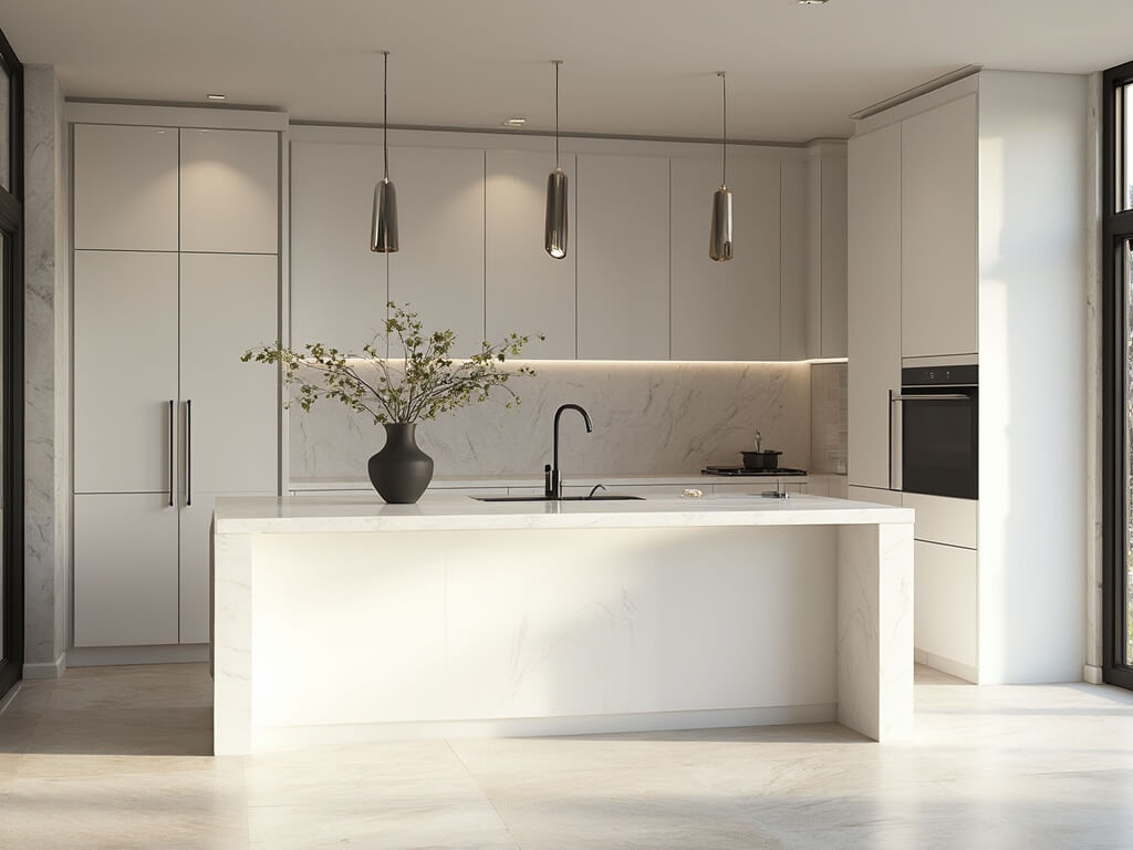 "Luxurious modern white kitchen with floor-to-ceiling windows, waterfall quartz island, and white shaker cabinets during golden hour"