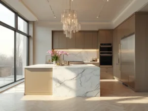"Modern luxury kitchen with champagne-colored aluminum cabinets, massive white marble island, professional appliances, herringbone oak flooring, and floor-to-ceiling windows"