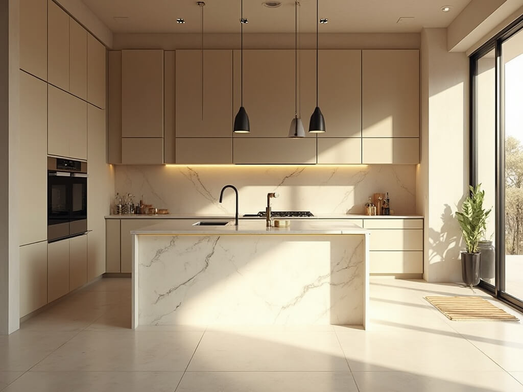 "Modern minimalist beige kitchen with floor-to-ceiling cabinets, waterfall quartz island, and high-end stainless steel appliances"