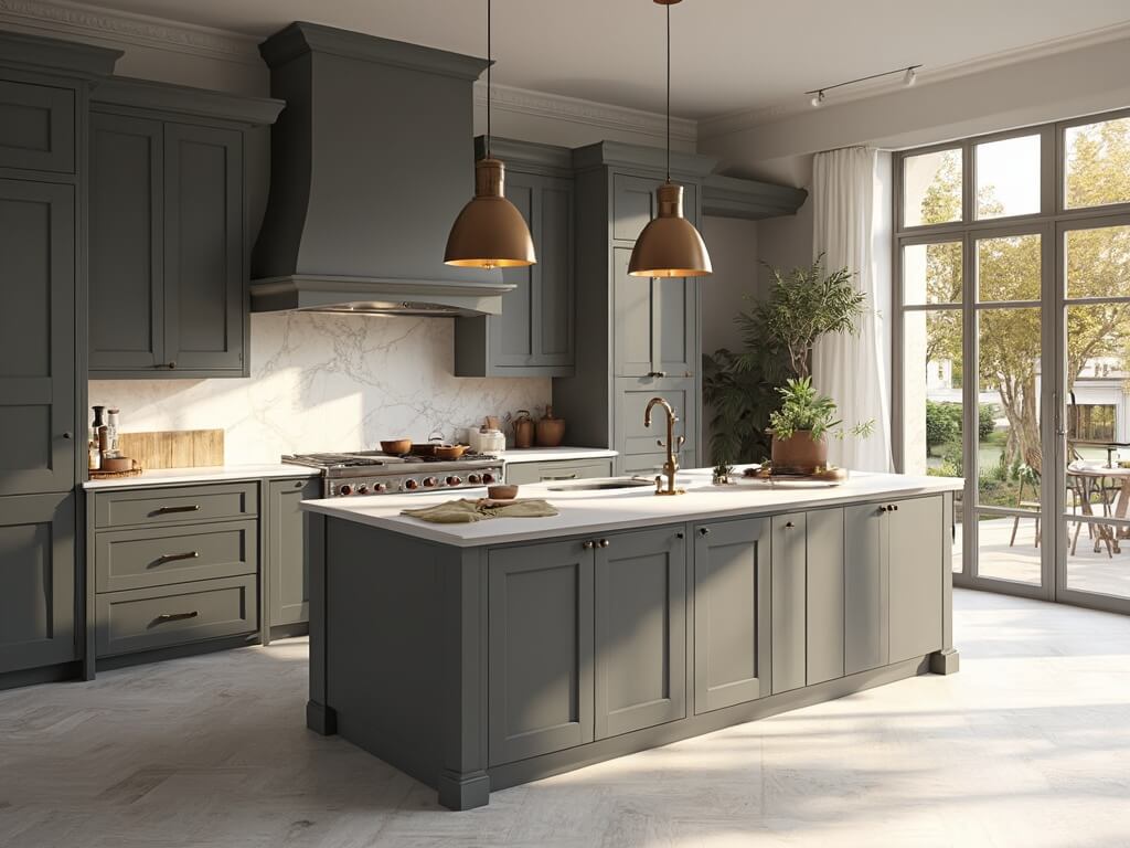 "Modern luxurious kitchen with two-tone grey cabinets, white quartz countertops, Carrara marble backsplash, and natural light illuminating white oak herringbone floors"