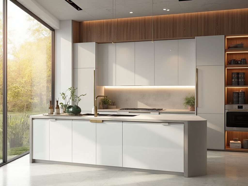 "Contemporary kitchen with white frameless maple cabinets, a quartz island, and professional-grade stainless steel appliances in morning light"