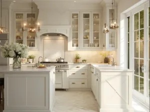 "Luxurious transitional kitchen with eggshell-colored shaker cabinets, Carrara marble countertops, and aged brass hardware, lit by morning sunlight through floor-to-ceiling windows, and accented by fresh herbs in copper planters on white oak herringbone flooring."