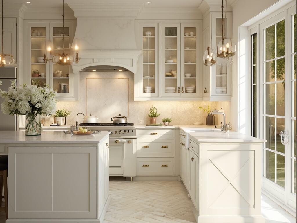 "Luxurious transitional kitchen with eggshell-colored shaker cabinets, Carrara marble countertops, and aged brass hardware, lit by morning sunlight through floor-to-ceiling windows, and accented by fresh herbs in copper planters on white oak herringbone flooring."