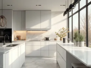 "Modern minimalist IKEA kitchen with white matte cabinets, veined marble-look quartz countertops, high-end appliances, and morning light streaming through floor-to-ceiling windows"
