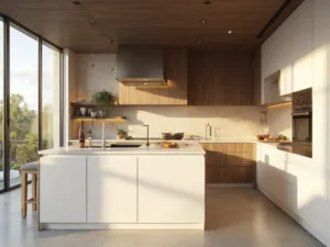 "Modern minimalist kitchen with white and dark walnut cabinets, quartz waterfall island, and professional stainless steel appliances, bathed in golden hour sunlight."