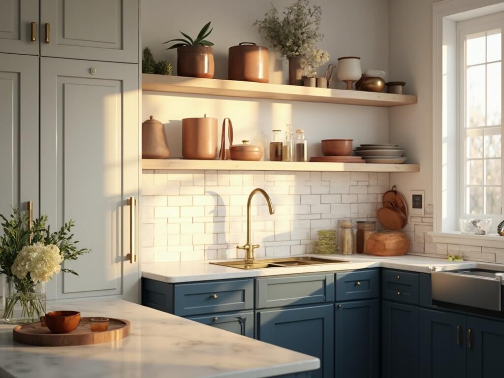 "Modern minimalist kitchen with natural light, white and navy blue cabinets, marble countertops, artisan ceramics, and fresh herbs on cutting board"