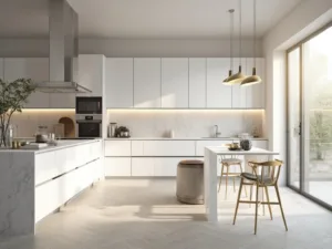"Modern minimalist kitchen with handleless matte white cabinets, Carrara marble island, and under-cabinet LED lighting in morning sun"