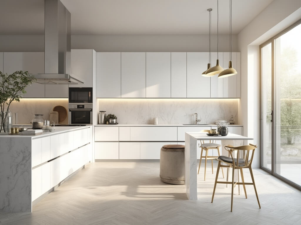 "Modern minimalist kitchen with handleless matte white cabinets, Carrara marble island, and under-cabinet LED lighting in morning sun"