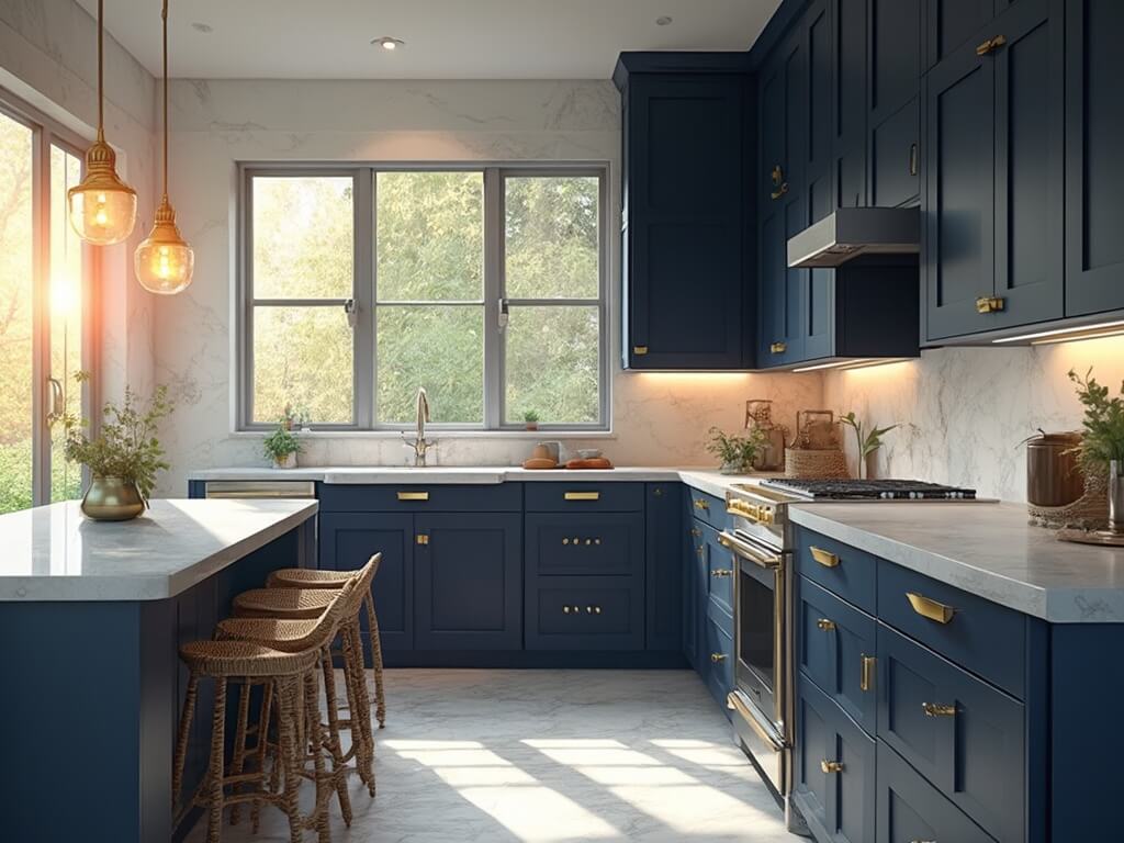 "Luxurious modern kitchen with navy blue cabinets, Carrara marble countertops, vintage pendant lights, and rattan barstools, shot during golden hour"