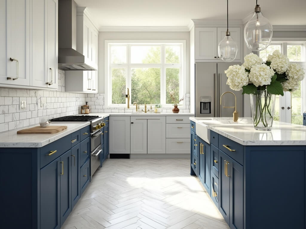 "Modern two-tone kitchen with navy blue and white cabinets, marble-topped island, and morning sunlight streaming through windows"