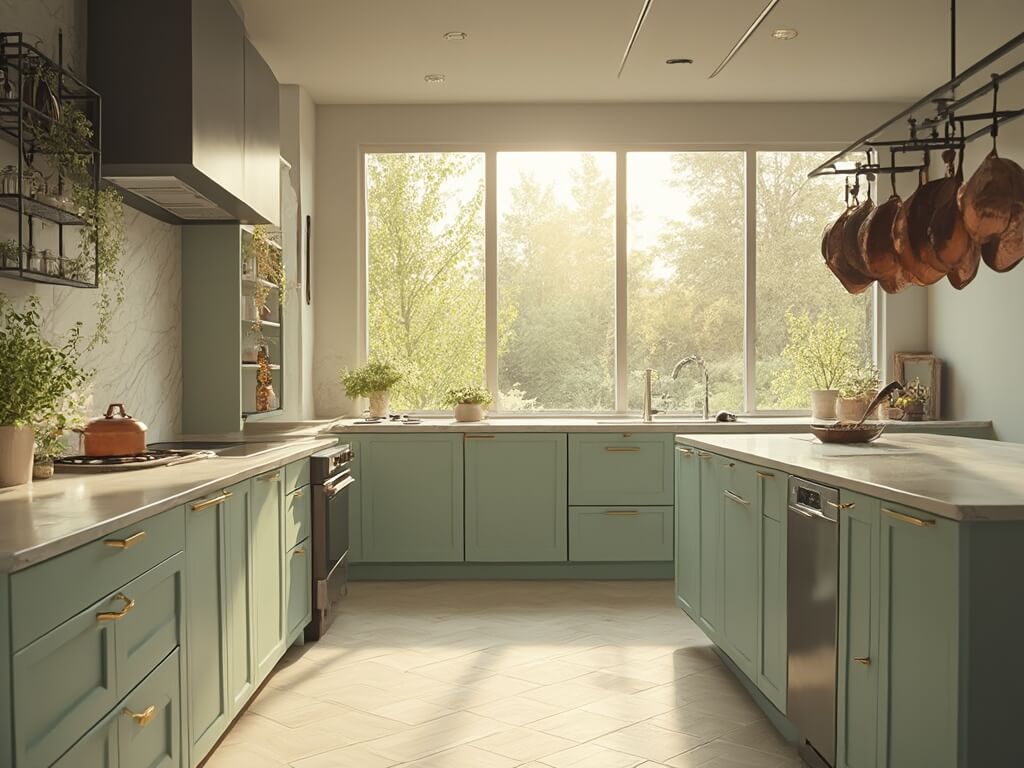 "Sunlit modern kitchen with sage green cabinets, white oak floors, quartz island, and professional appliances during golden hour"