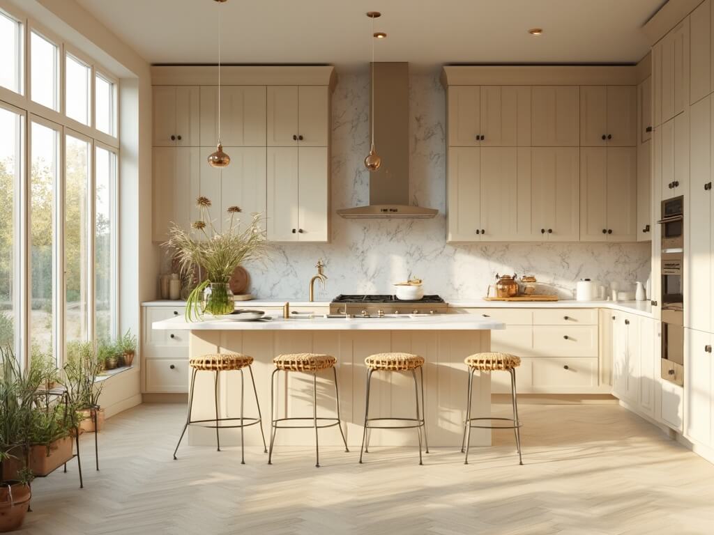 "Modern sunlit beige kitchen with cream cabinets, white marble countertops, and white oak flooring"