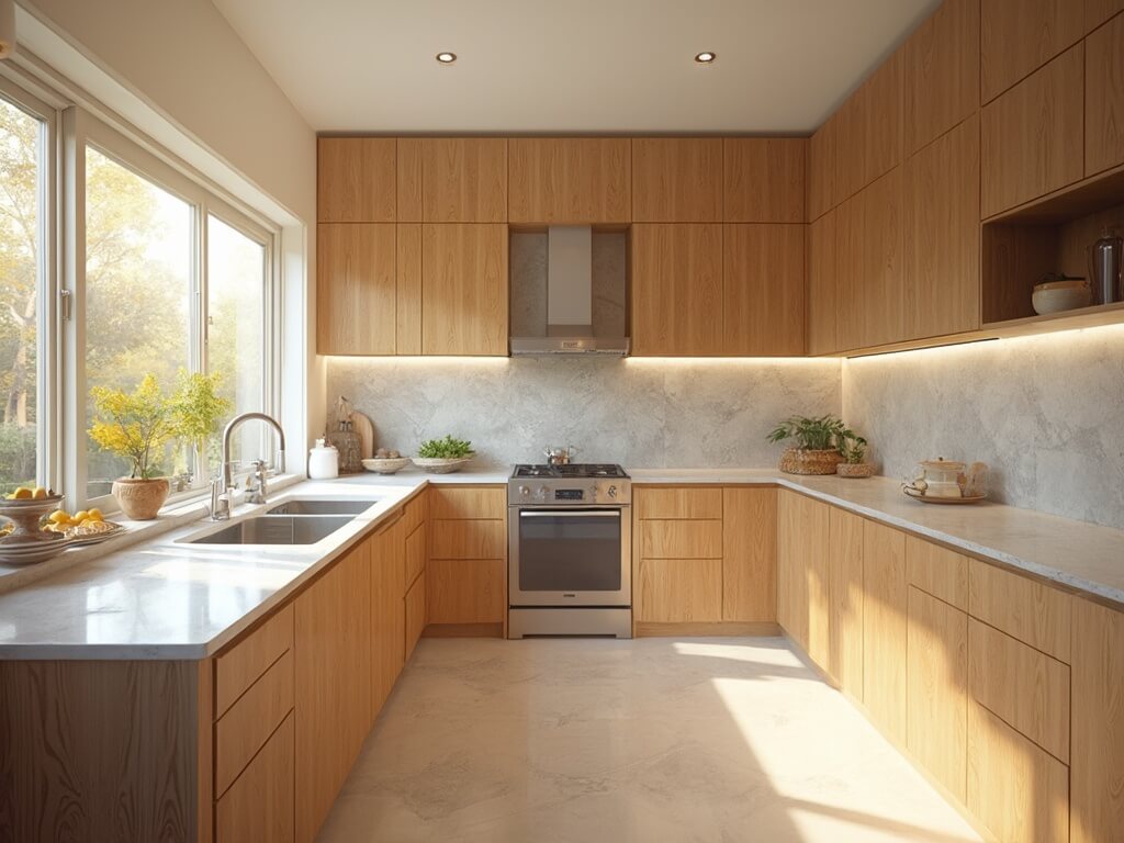 "Sunlit modern kitchen with honey oak cabinets, stainless steel appliances, white marble countertops, and geometric gray backsplash tiles"
