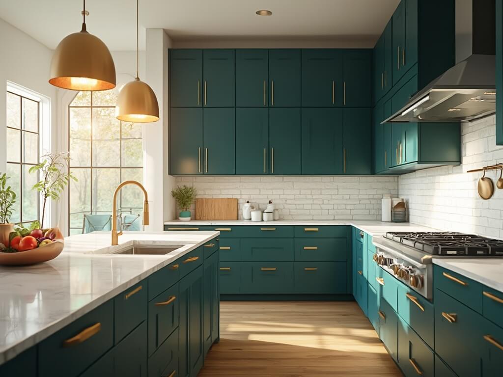 "Modern luxurious kitchen with teal cabinets, white quartz countertops, marble island, and stainless steel appliances bathed in golden hour light"
