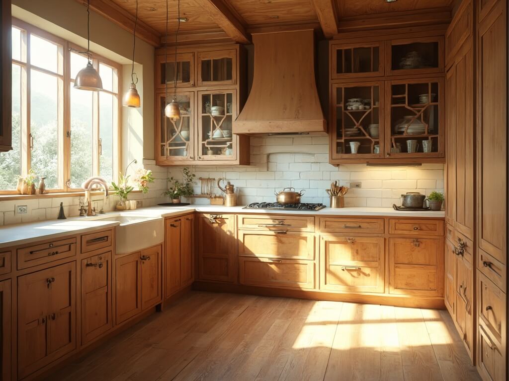 "Spacious farmhouse kitchen with hickory cabinets, cream quartz countertops, rustic hardwood floors, and vintage pendant lights, bathed in soft afternoon sunlight"