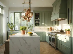 "Elegant sage green kitchen with marble waterfall island, brass pendant lights, and natural morning light"