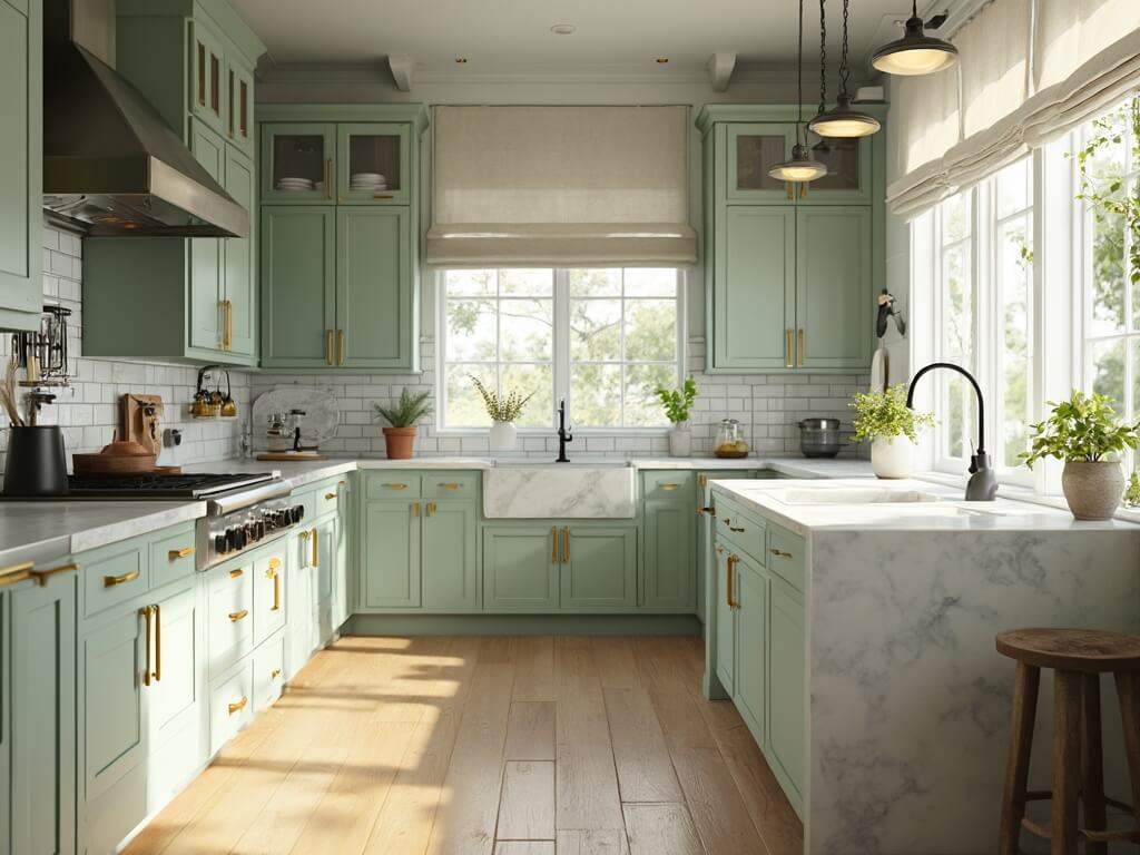 "Sunny modern farmhouse kitchen with sage green cabinets, white Carrara marble island, oak herringbone floors, and artisanal ceramics decor"