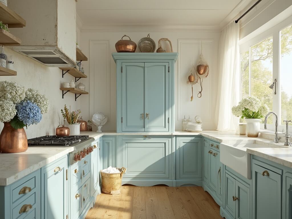 "Antique Swedish cabinet in a sunlit farmhouse kitchen with cream marble countertops, hanging copper pots, and fresh hydrangeas in a copper vase"