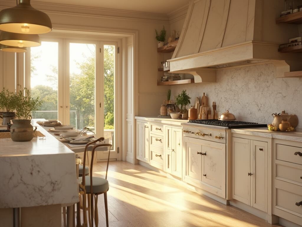 "Spacious beige kitchen with shaker cabinets, marble island, brass hardware, and copper accents, bathed in golden hour sunlight coming through full-length windows with a lush garden view."