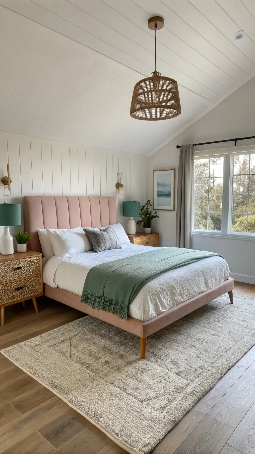 Spacious 16x20ft bedroom with mid-century pine platform bed, blush pink upholstered headboard, sage green throw blanket, and neutral textured pillows. Room features pale grey walls, light oak flooring, rattan pendant light, and cream wool rug. Matching pine nightstands with ceramic lamps flank the bed. Oversized mirror reflects garden views, complemented by soft pastel modern artwork. Shot taken from doorway under natural and supplemental lighting.