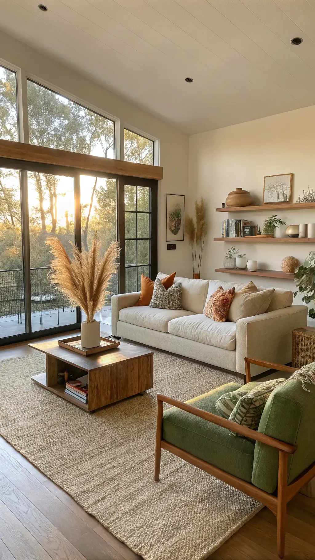 Spacious living room bathed in golden hour sunlight with floor-to-ceiling windows, oatmeal linen sofa on jute rug, teak coffee table with ceramic vessels, green accent chairs with terracotta throws, brass floor lamp, fiddle leaf fig and floating shelves with pottery.