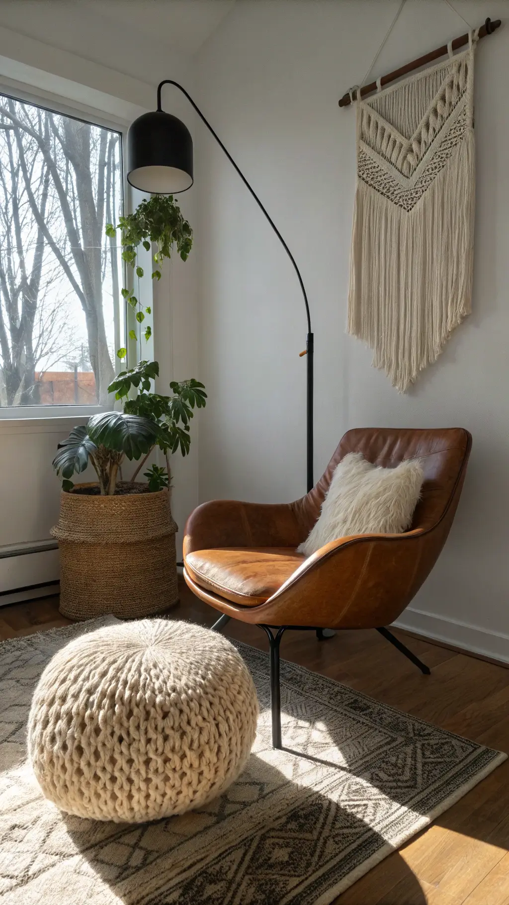 Morning light illuminating a modern living room corner with a weathered leather chair, ivory wool pouf, arched black floor lamp, macramé wall hanging, and ceramic planter with trailing pothos plant.