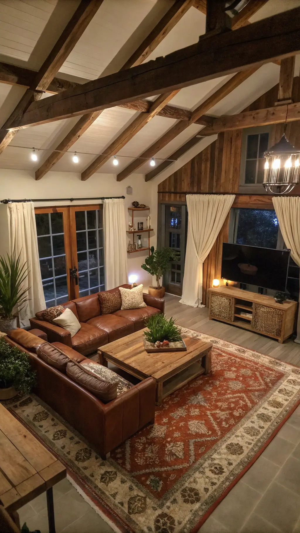 Dusk-lit living room with high ceilings, exposed beams, oversized leather sectional, reclaimed wood coffee table, vintage wool rug, floor-to-ceiling drapes, and terra cotta pots with succulents.