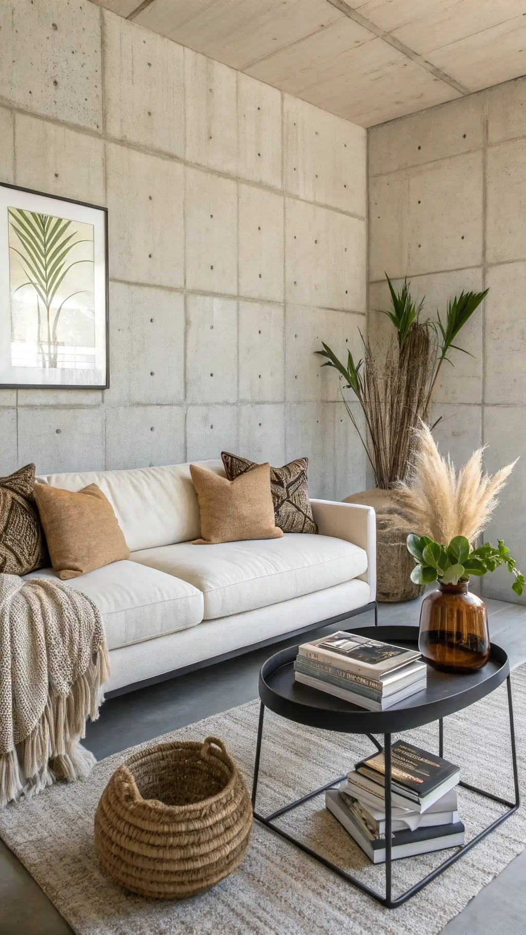 Bright modern living room with concrete accent wall, ivory bouclé sofa with textured pillows, black metal coffee table, and seagrass basket with blankets, featuring a snake plant and natural lighting