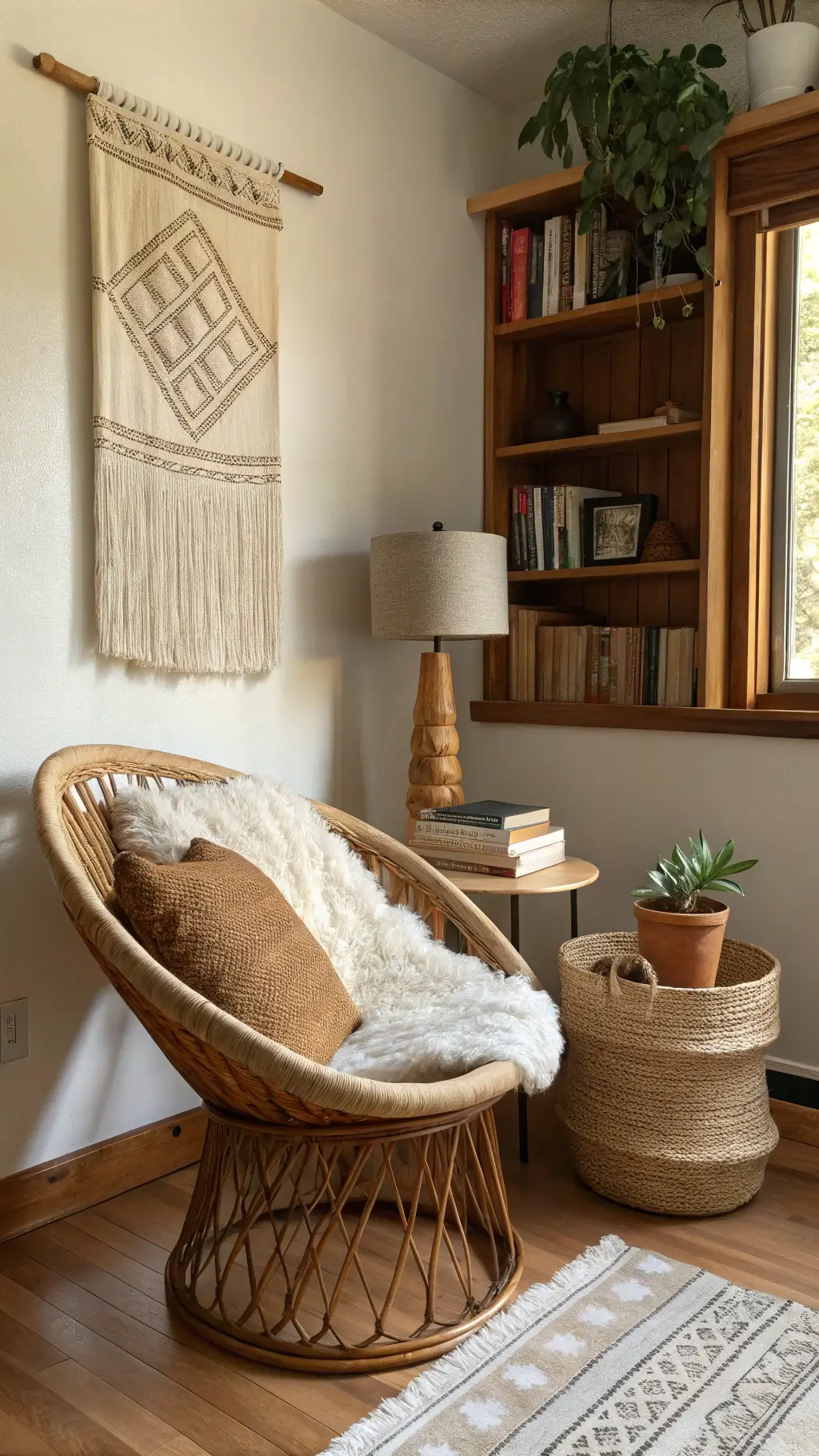 Cozy reading nook with rattan chair, sheepskin throw, oak shelving, earth-toned books and pottery, ceramic table lamp, and green pothos plant in woven basket, illuminated by natural afternoon light.