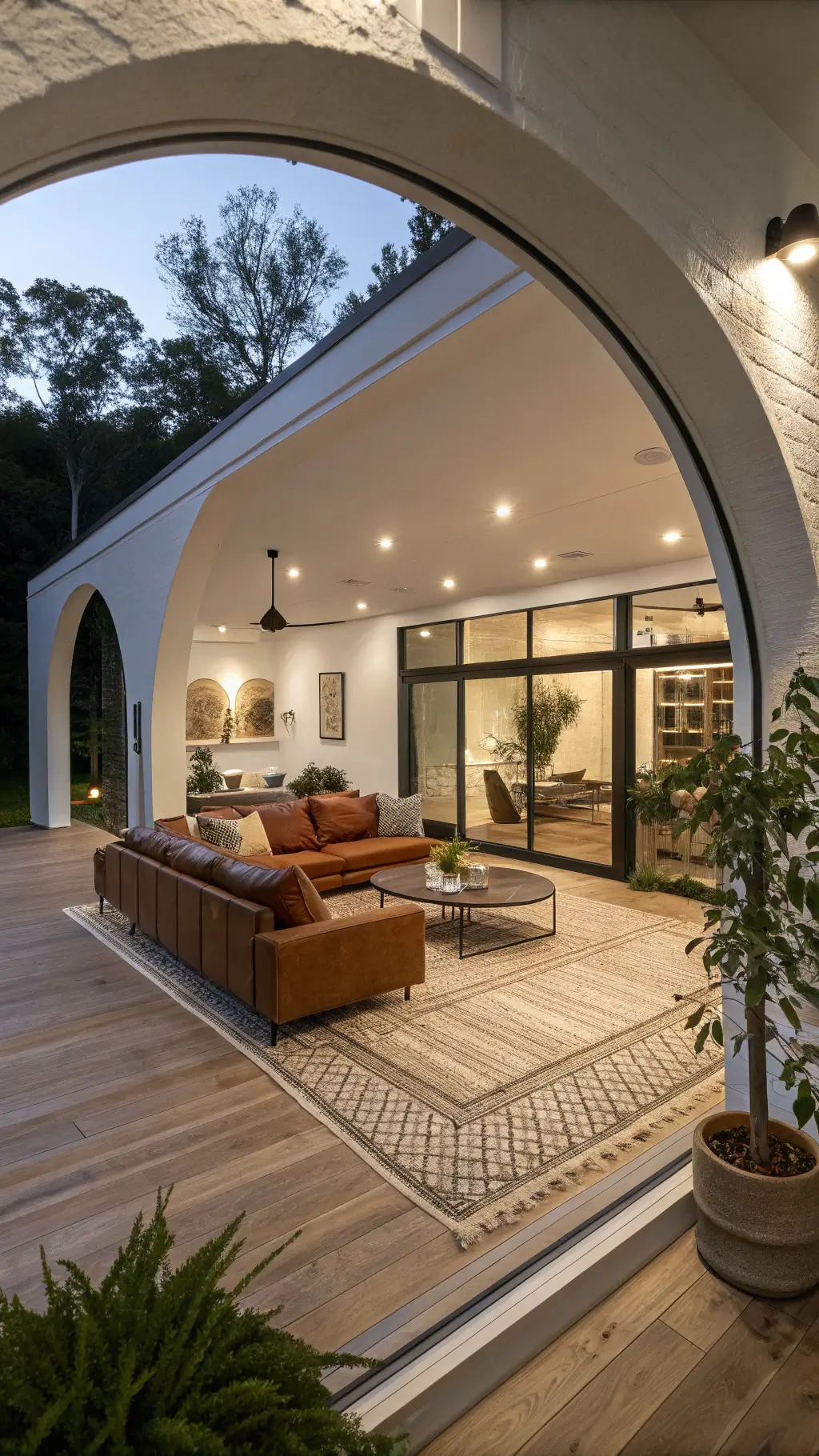 Modern open-concept living room with white oak flooring, curved archway, cognac modular leather sectional, mixed material side tables, and dramatic lighting at twilight.