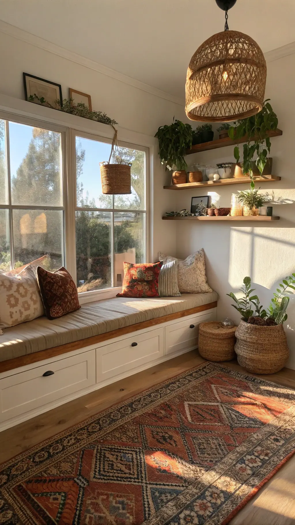 Sunlit breakfast nook with window seat, floating shelves with ceramics and plants, rattan pendant lamp, and vintage kilim rug in earth tones during morning golden hour.